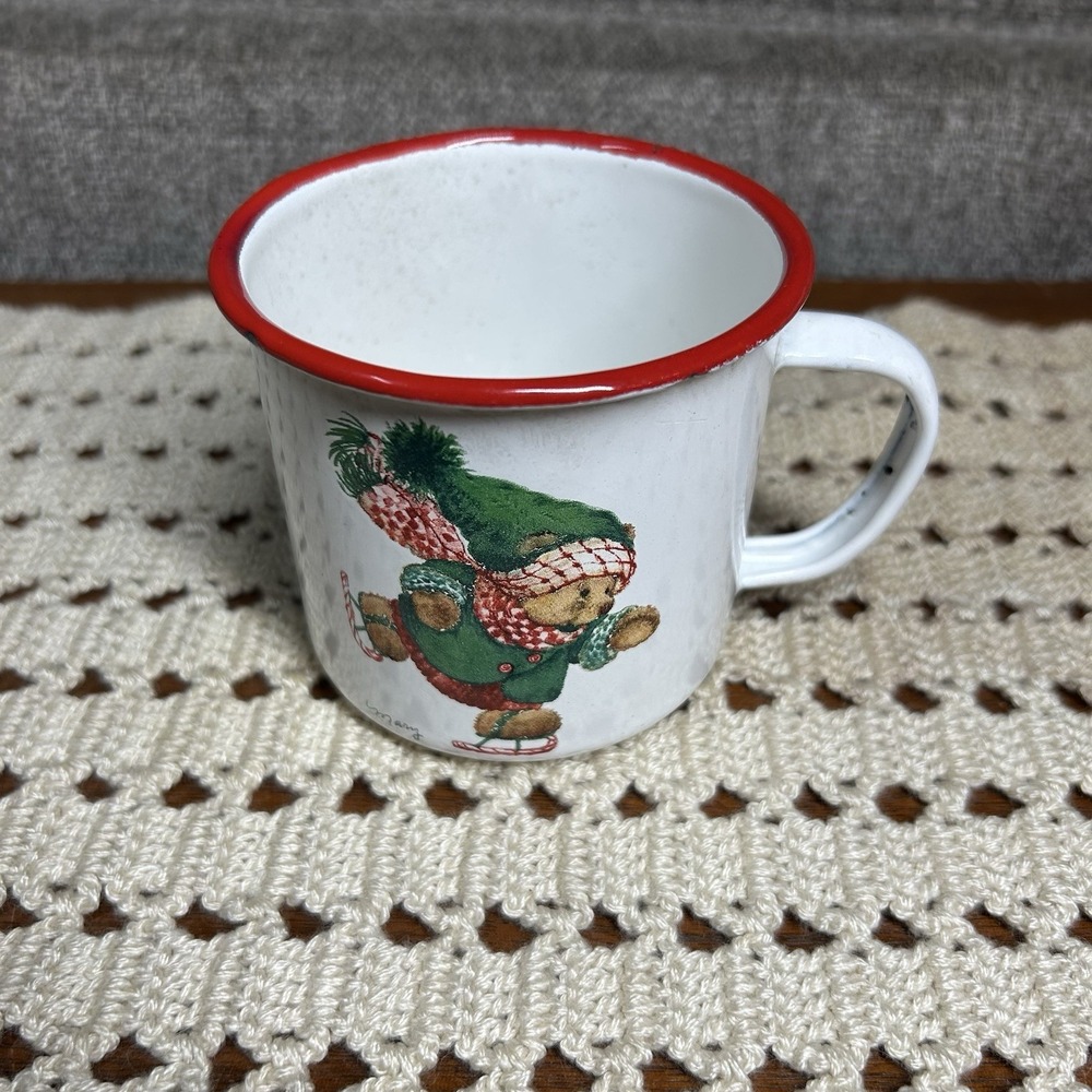 Vtg Hallmark Metal Enamel Mug Christmas Teddy Bear Skating Holly Berries